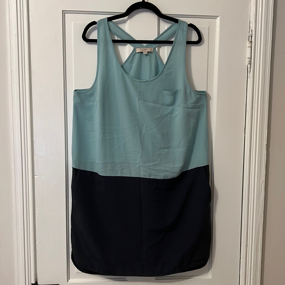LOFT Mint Blue & Navy Blue Block Pattern Sleeveless Dress
